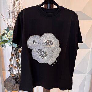Oversized Floral T-Shirt w/ Lace & Gemstone Detail – Free Size